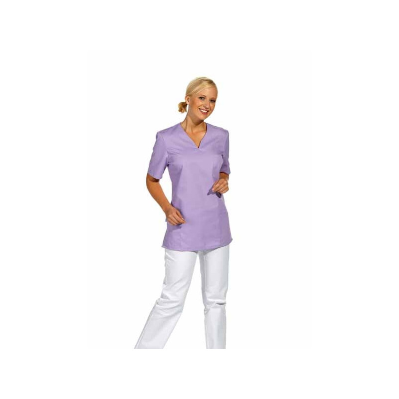 Casaca laboral de mujer cuello llave lila Leiber - Uniformes para ópticas, spas y farmacias