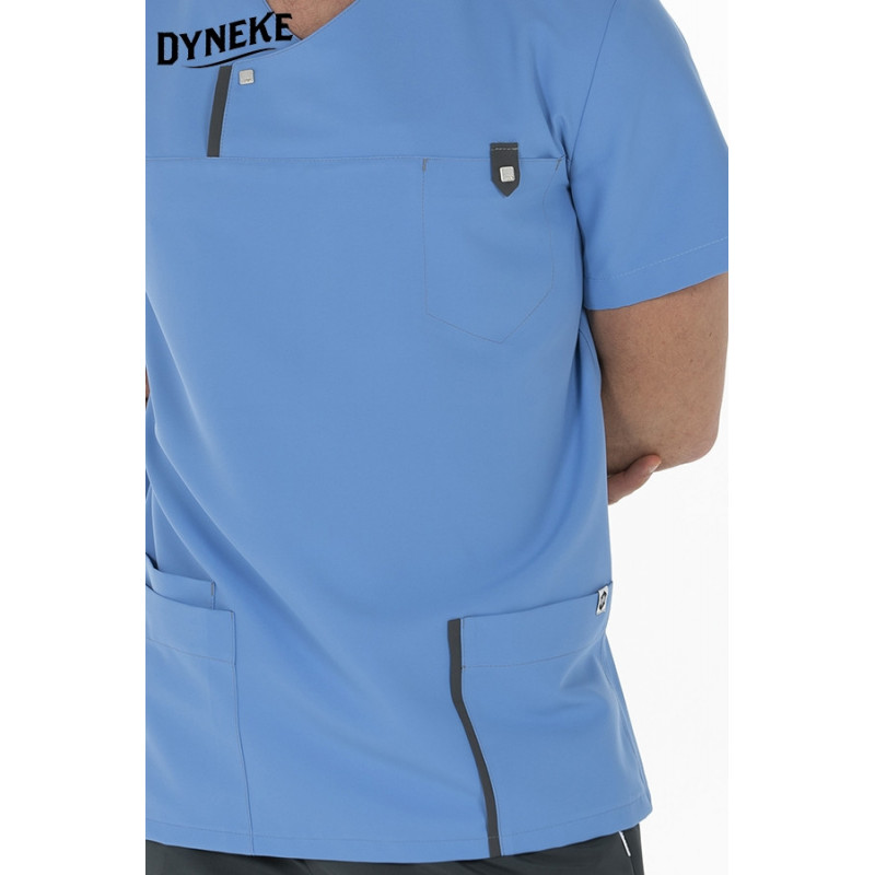 Casaca sanitaria de microfibra azul con detalles gris Dyneke - Uniformes médicos