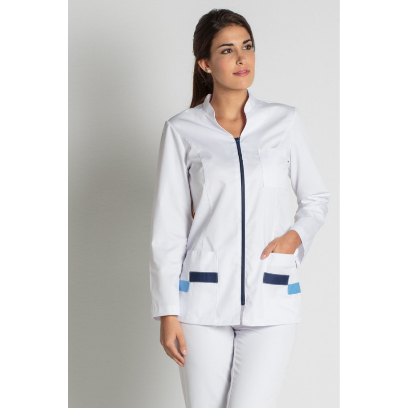 Chaqueta laboral de mujer farmacia contraste azul manga larga Dyneke - casadelasbatas.com