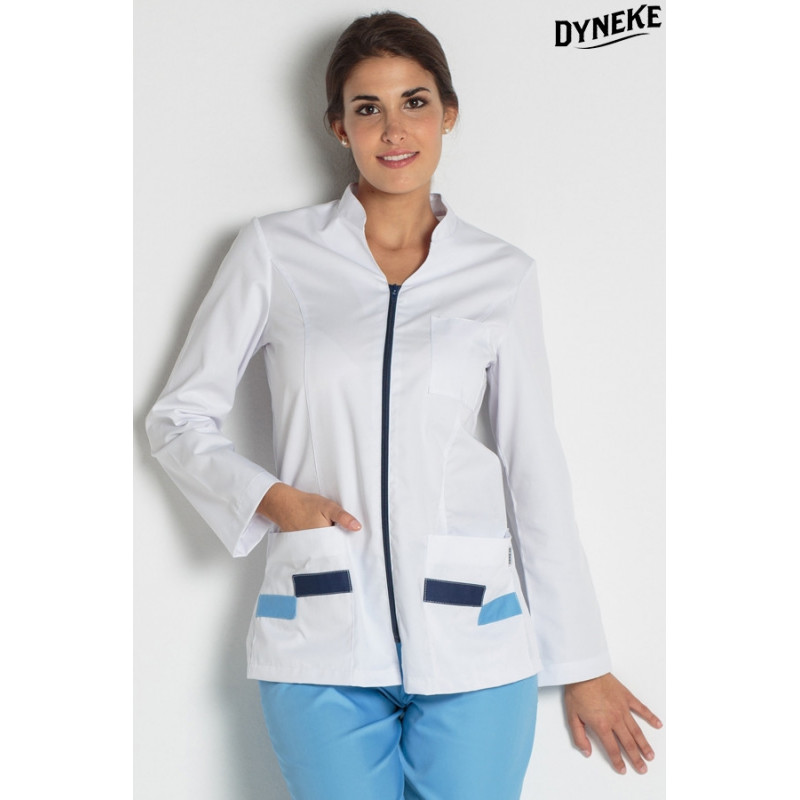 Chaqueta laboral de mujer farmacia contraste azul manga larga Dyneke - casadelasbatas.com