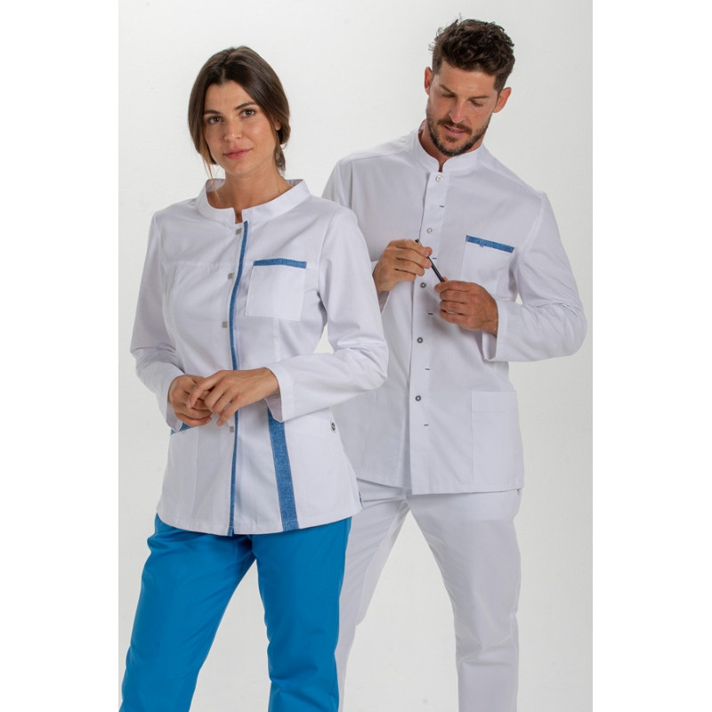 Chaqueta sanitaria de manga larga contraste jaspeado azul Dyneke - casadelasbatas.com
