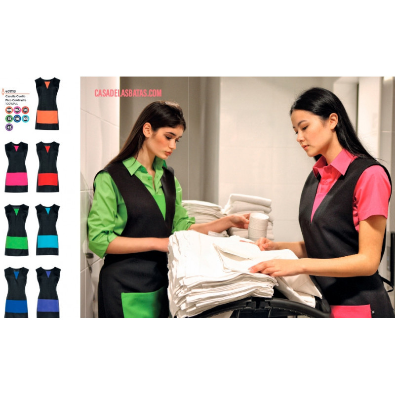 Casulla trabajo negra con cuello de pico y detalle azul royal - Ropa laboral