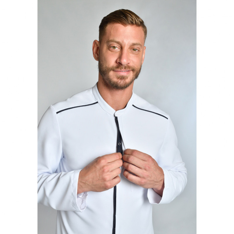 Chaqueta laboral hombre microfibra blanca con vivo tejano - Dyneke