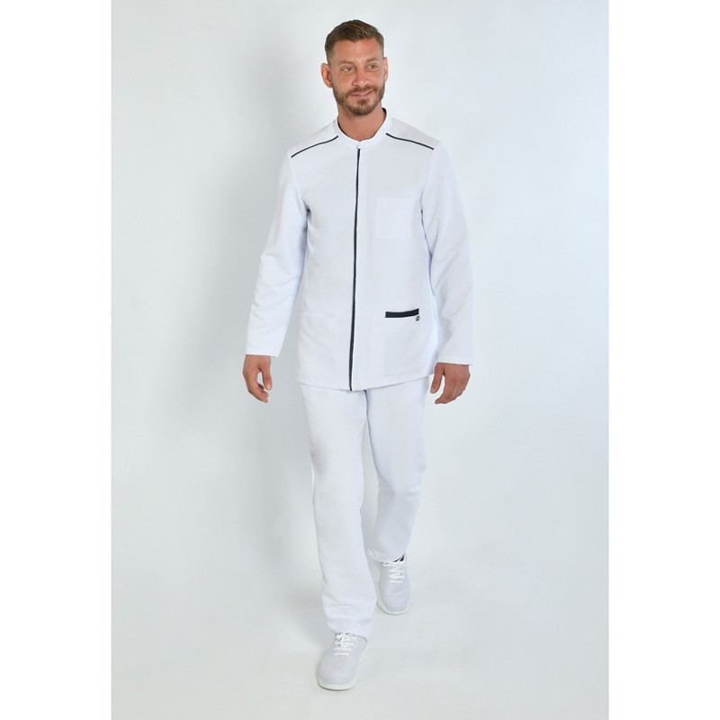 Chaqueta laboral hombre microfibra blanca con vivo tejano - Dyneke