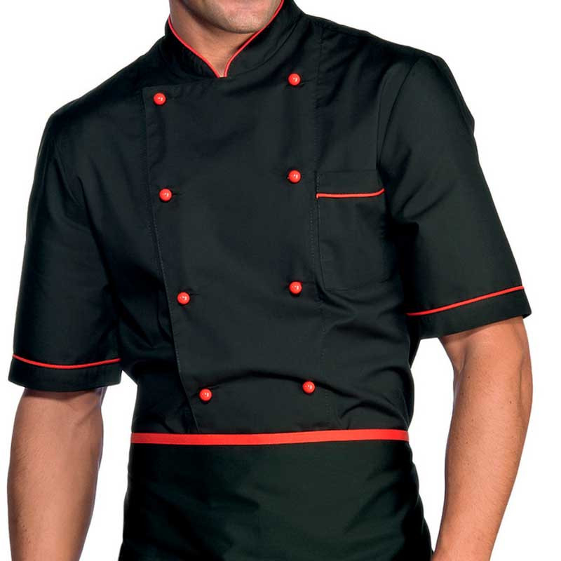 Chaquetas cocina negra Alicante detalle en rojo Isacco - Ropa laboral para hostelería y restauración
