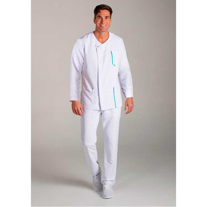 Chaqueta médica de hombre manga larga blanca con detalle verde - Dyneke 8802570